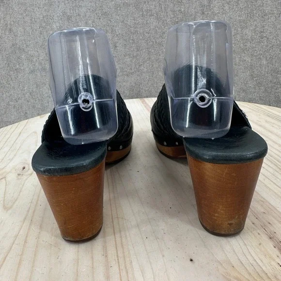 UGG Australia Black Leather Woven Whipstitch Wood Heel Studded Clogs Mules 8 - Picture 5 of 14